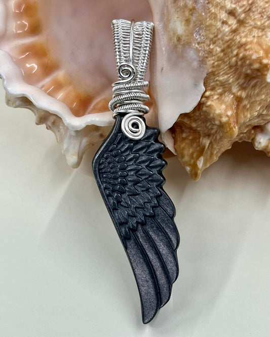 Clemara – Guardian of Shadows | Silver Sheen Obsidian Wing Pendant